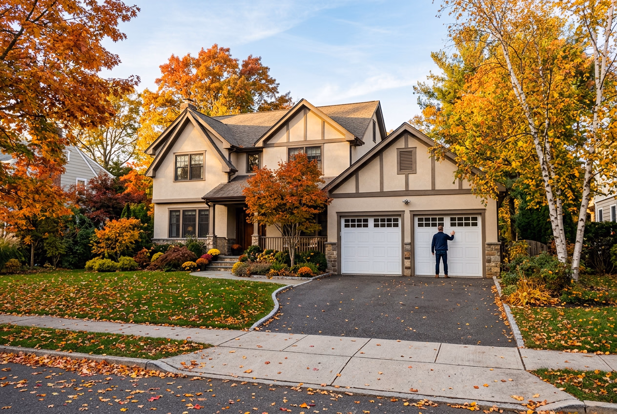 Homeowner inspecting garage door during fall maintenance season in New Jersey