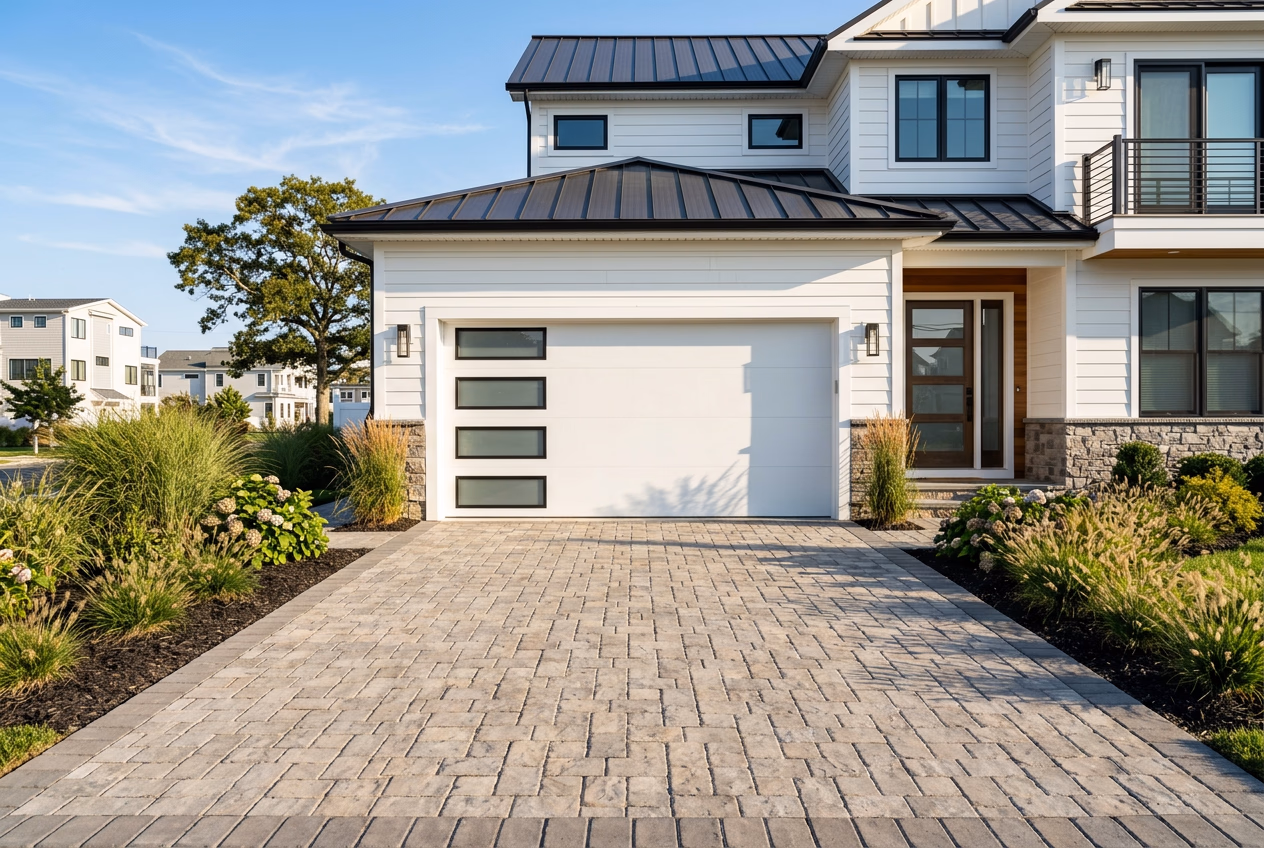 Freshly installed modern garage door enhancing curb appeal of an Atlantic County home