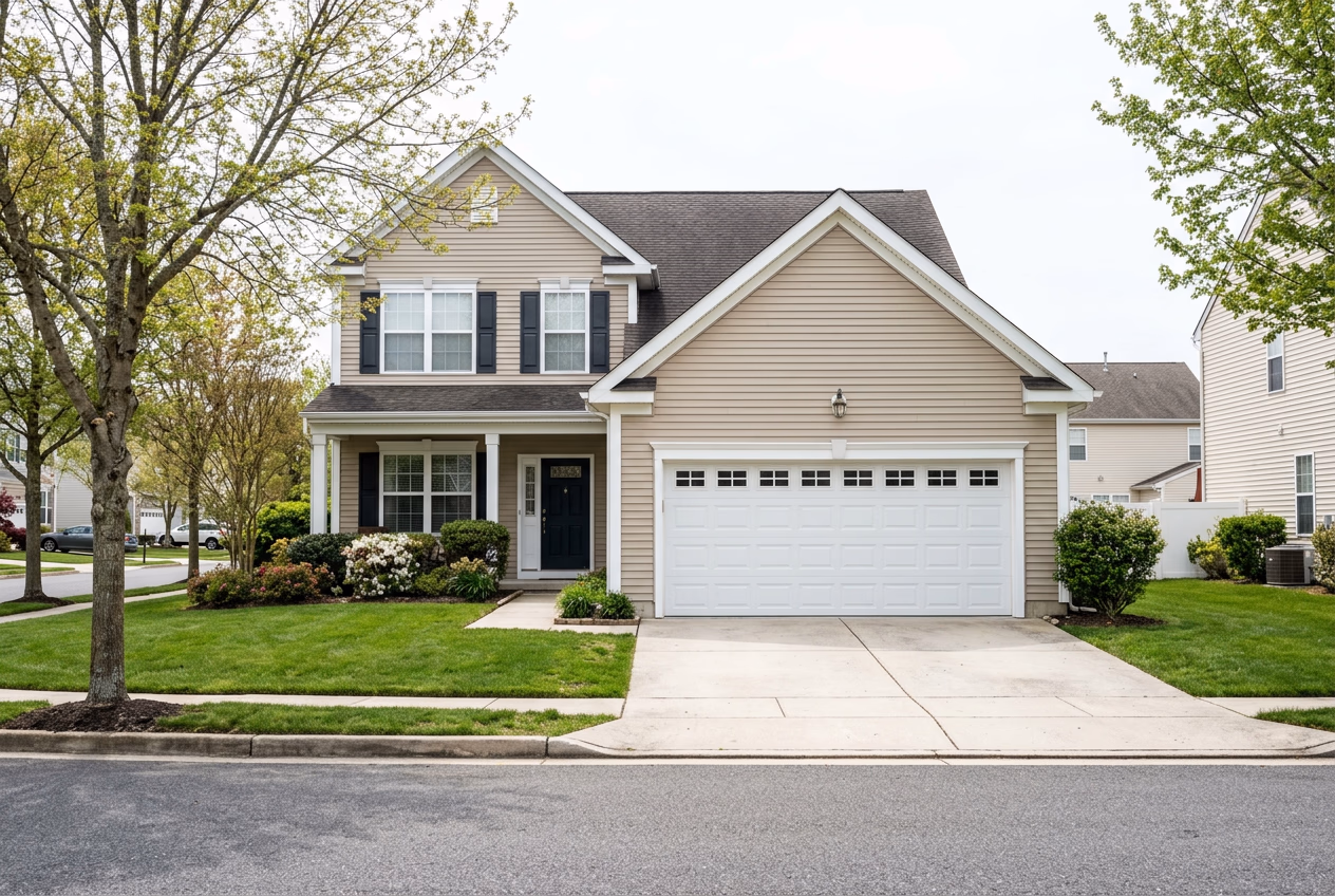 Front view of Atlantic County home showing garage door as the dominant facade element