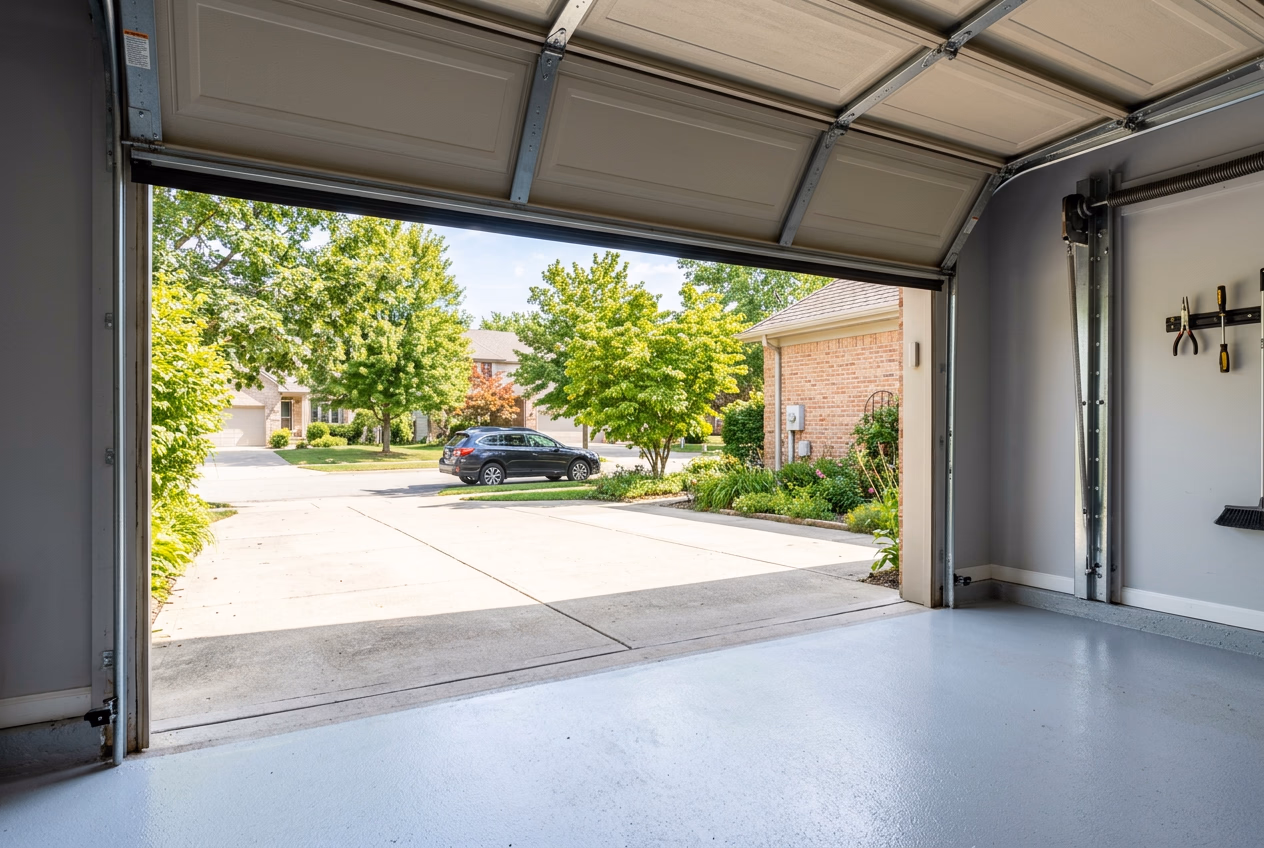Residential garage door halfway open showing tracks and panels for maintenance