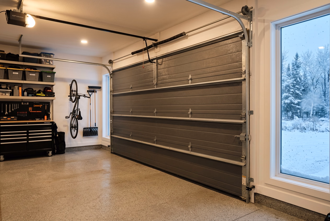 Interior view of insulated garage door panels keeping cold weather out