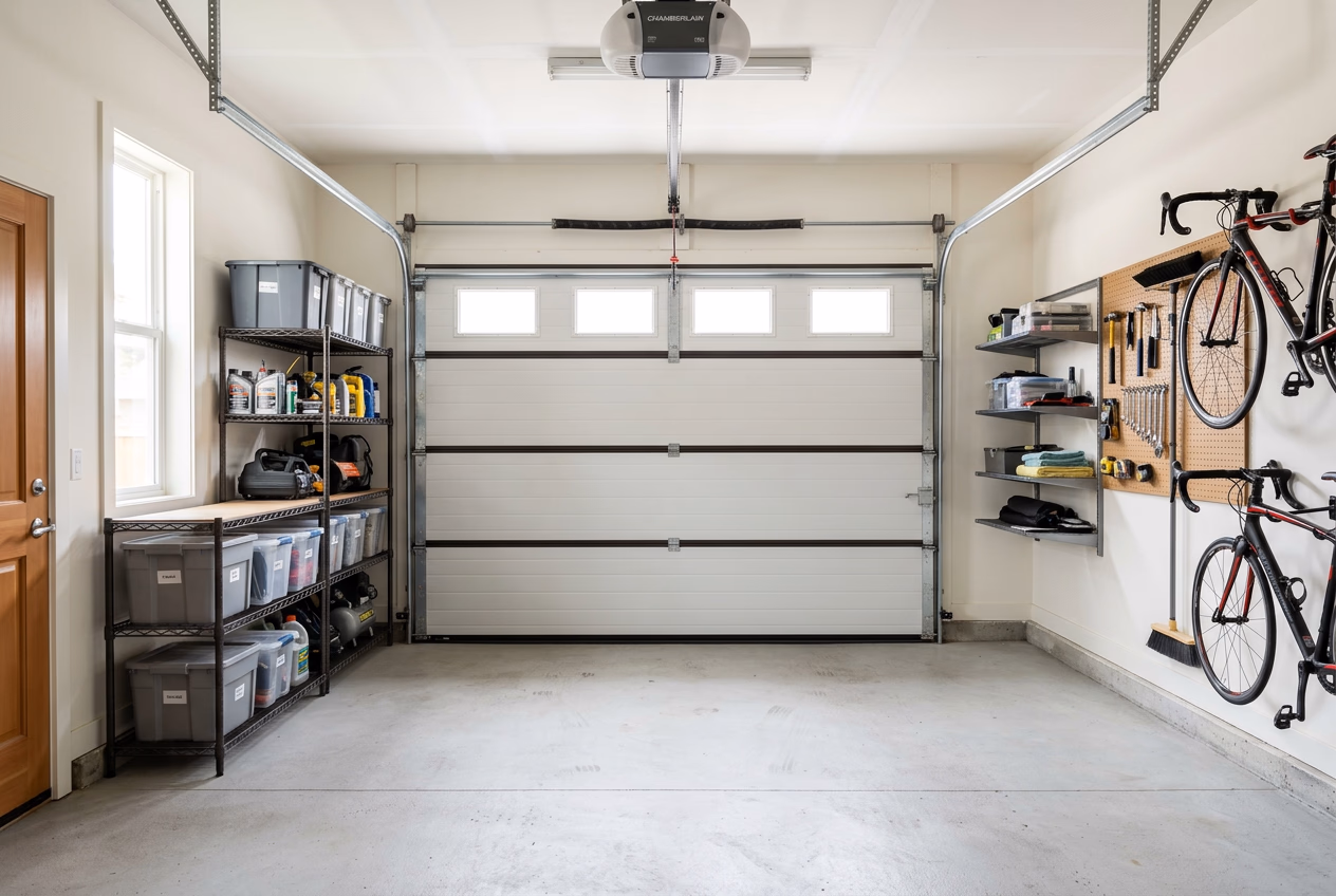 Residential garage interior showing insulated door panels for energy efficiency