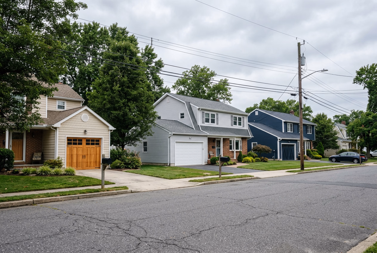 Three homes with different garage door materials showing wood steel and carriage styles