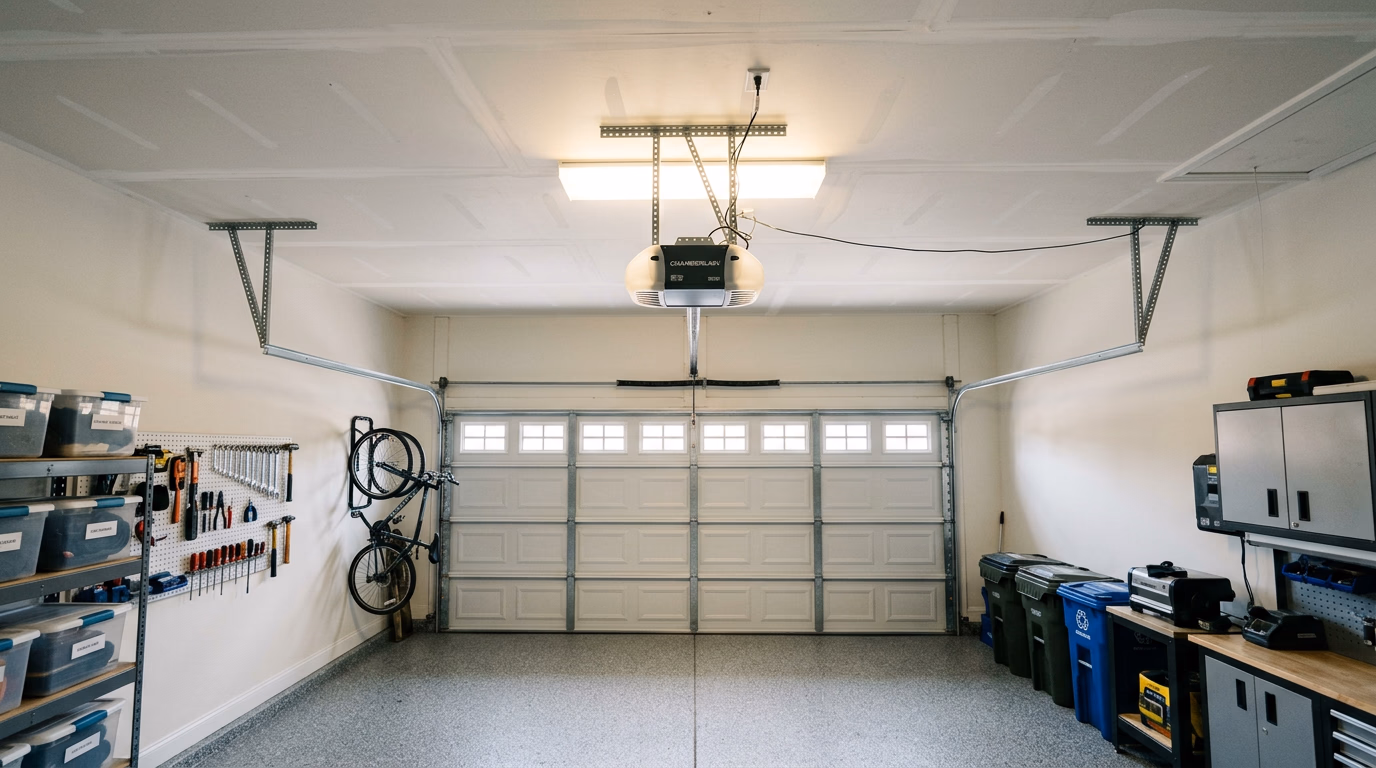 Garage door opener unit mounted on the ceiling of a residential garage