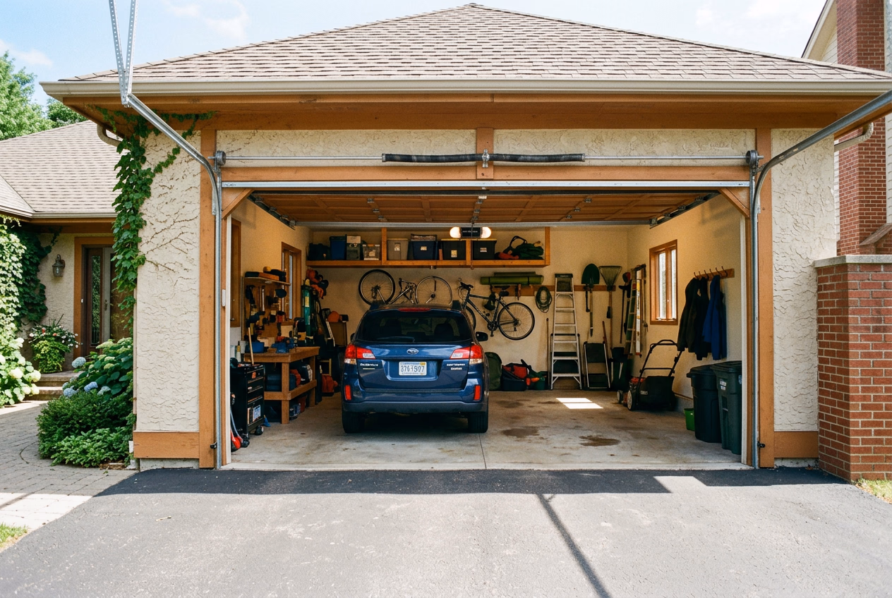 Overhead view of garage door system with panels following the curved track system