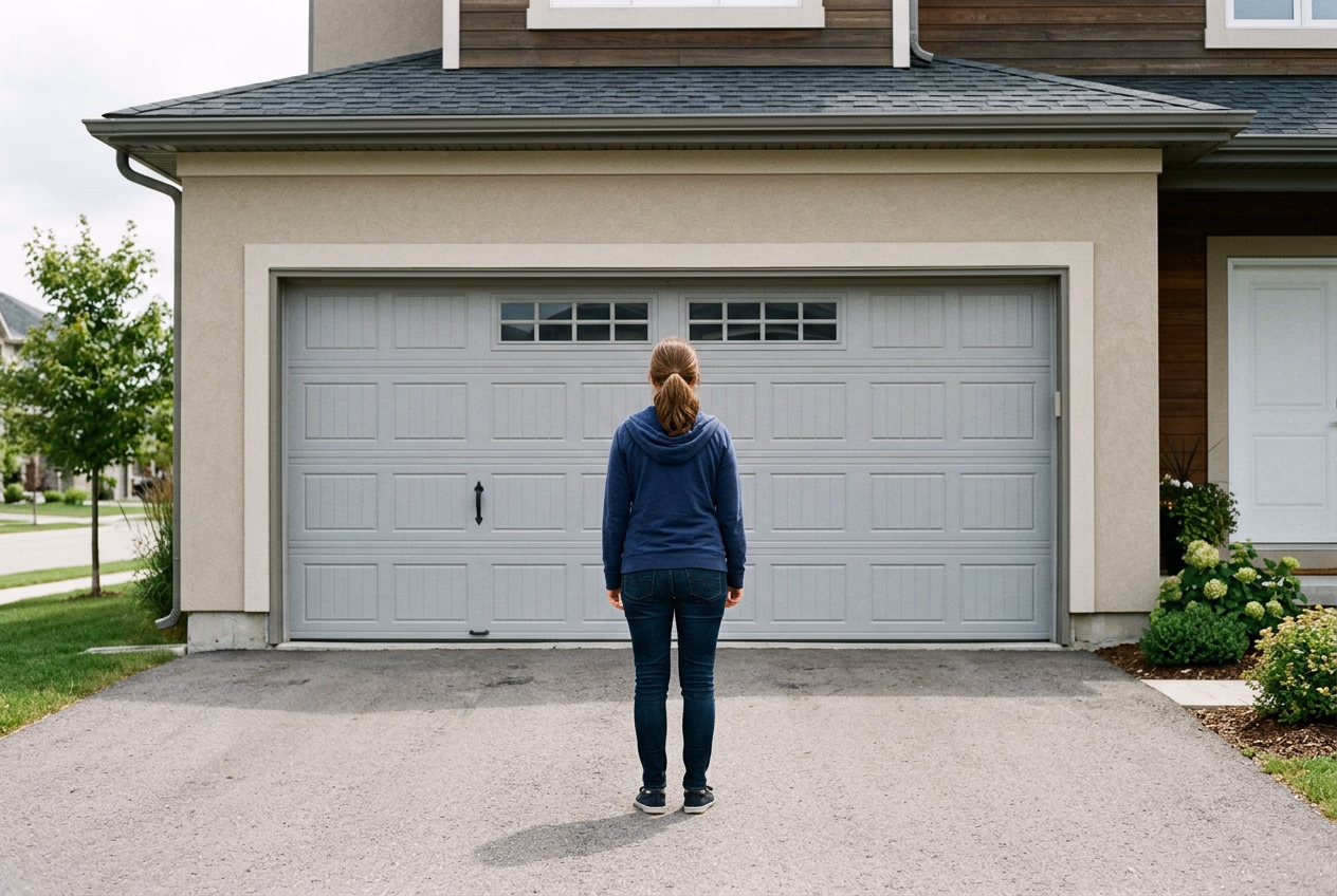 Homeowner standing in front of a non-responsive garage door needing troubleshooting
