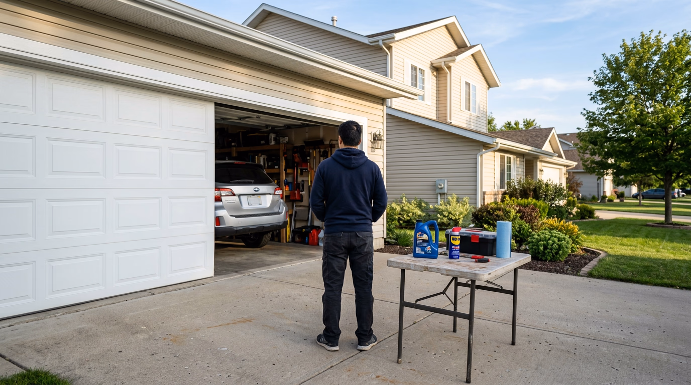 Homeowner preparing for DIY garage door maintenance with basic supplies