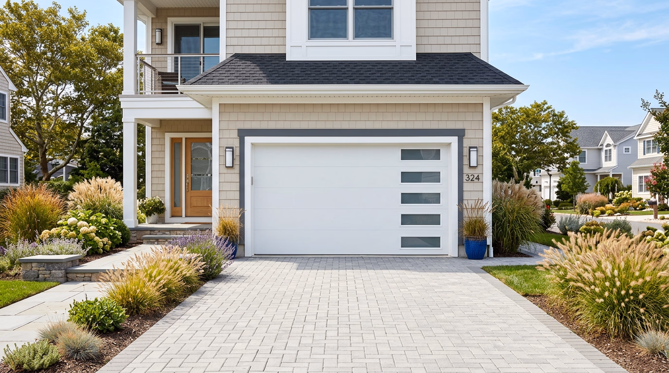 Modern white steel garage door enhancing curb appeal on a South Jersey coastal home