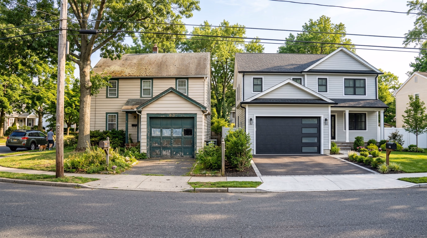 Comparison of old weathered and new modern garage doors on neighboring homes